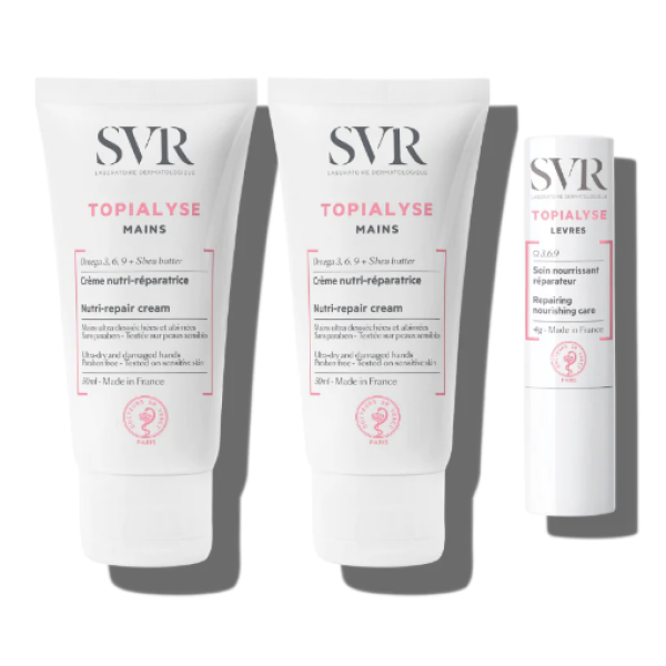 SVR TOPIALYSE DUO CREME DE MÃOS 2 X 50 ML COM OFERTA DE STICK LABIAL 4 G