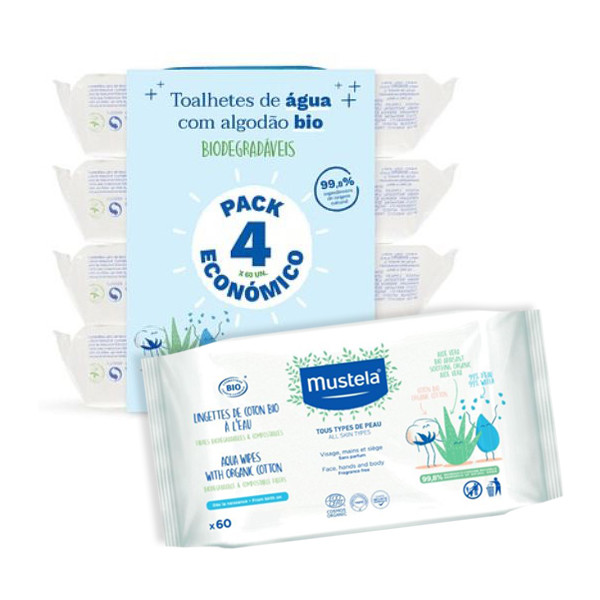 MUSTELA BEBÉ TOALHETES DE ÁGUA COM ALGODÃO BIO 4 X 60 UNIDADE(S) PACK ECONÓMICO