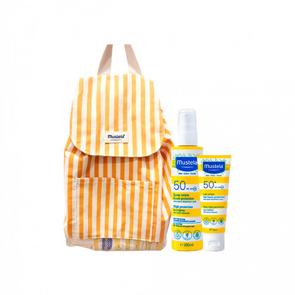 Mustela Bebé Spray solar SPF50 200 ml + Leite solar rosto SPF50+ 40 ml com Desconto de 4€ + Oferta de Mochila de praia Amarelo