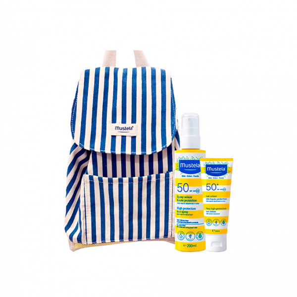 Mustela Bebé Spray solar SPF50 200 ml + Leite solar rosto SPF50+ 40 ml com Desconto de 4€ + Oferta de Mochila de praia Azul