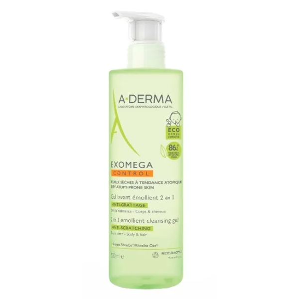 A-DERMA EXOMEGA CONTROL GEL DE LAVAGEM EMOLIENTE 2 EM 1 CORPO E CABELO 500 ML